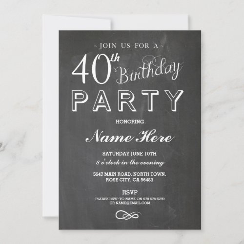 40TH BIRTHDAY PARTY CHALKBOARD SURPRISE INVITE