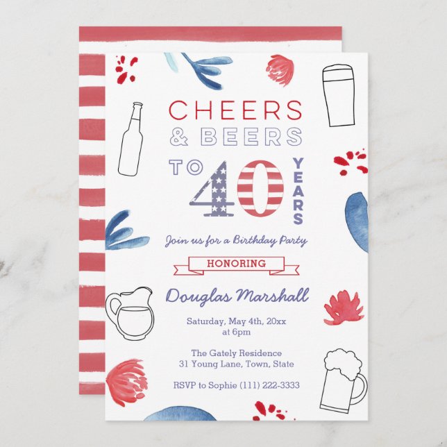 40th Birthday Party, Cheers and Beers Invitation (Front/Back)