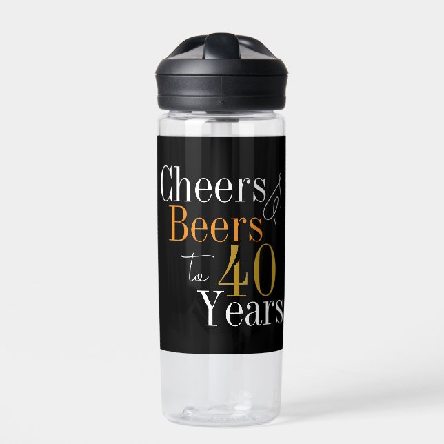 40th Birthday Party Cheers Beer Black Gold Water Bottle (Front)