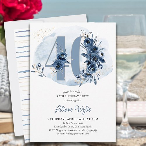 40th Birthday Party Coastal Blue Floral Number 40 Invitation