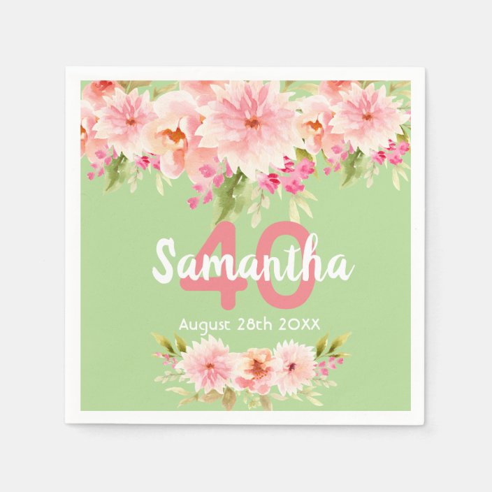 40th Birthday Party Coral Dahlia Flowers Green Napkins Zazzle Com