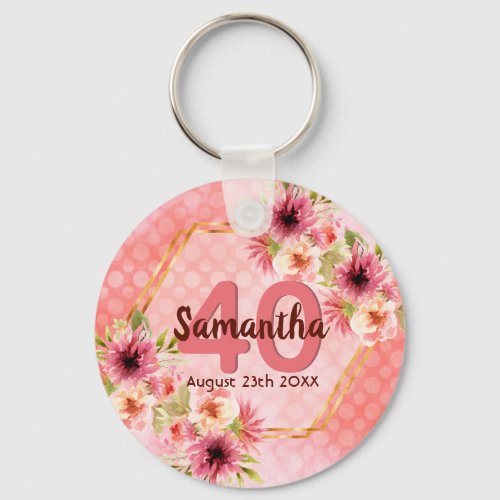 40th birthday party coral gold dahlia flowers keychain