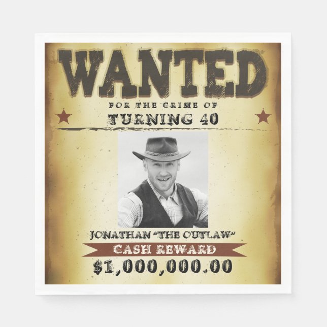 40th Birthday Party Cowboy Theme Wanted Poster Napkins (Front)