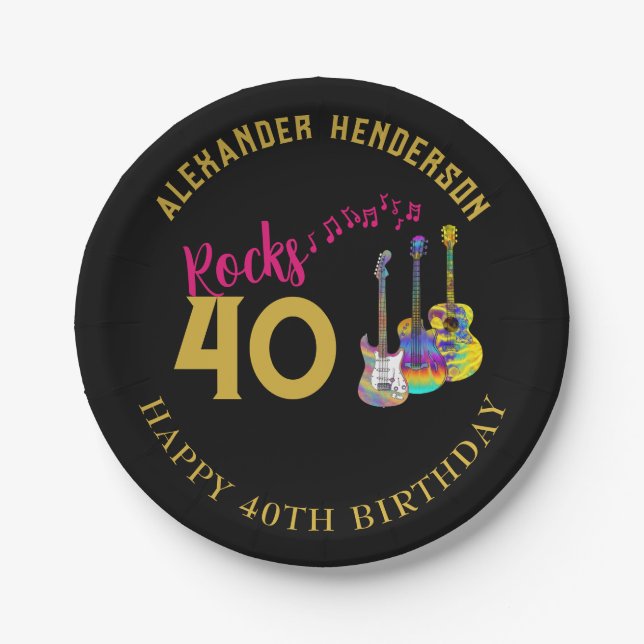 40th Birthday Party Custom Music Guitars Rocks 40 Paper Plates (Front)