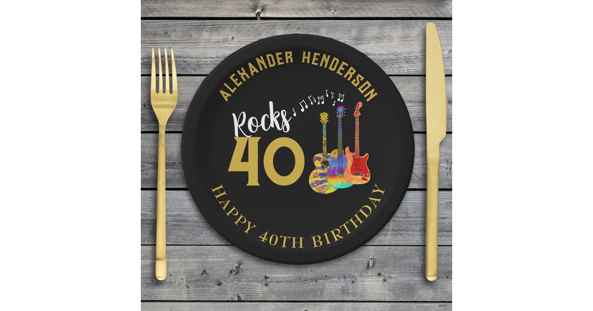 40th Birthday Party Custom Music Guitars Rocks 40 Paper Plates | Zazzle