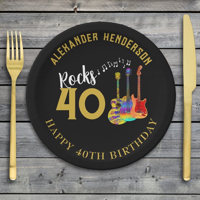 40th Birthday Party Custom Music Guitars Rocks 40 Paper Plates (Rock and roll black and gold 40th birthday party paper plate)
