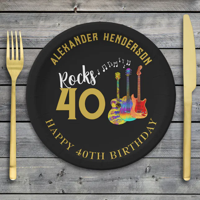 40th Birthday Party Custom Music Guitars Rocks 40 Paper Plates | Zazzle
