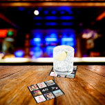 40th birthday party custom photo collage black square paper coaster<br><div class="desc">A party coaster for a girly 40th birthday party,  celebrating her life with a collage of 8 of your photos.  Templates for a name,  age 40 and a date.  Date of birth or the date of the party.  White and gray colored letters.  Elegant black background.</div>