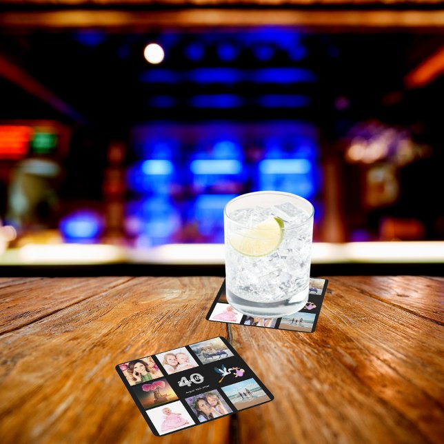 40th birthday party custom photo collage black square paper coaster (Creator Uploaded)