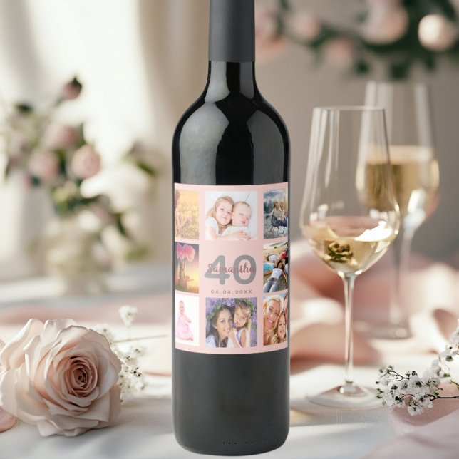 40th birthday party custom photo collage rose gold wine label (Creator Uploaded)