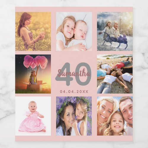 40th birthday party custom photo collage rose gold wine label