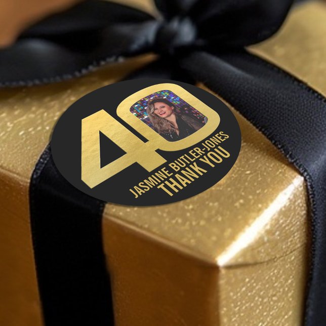 40th birthday party custom photo gold favor classic round sticker (Creator Uploaded)