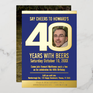 40th Birthday party dark blue gold foil photo beer Invitation
