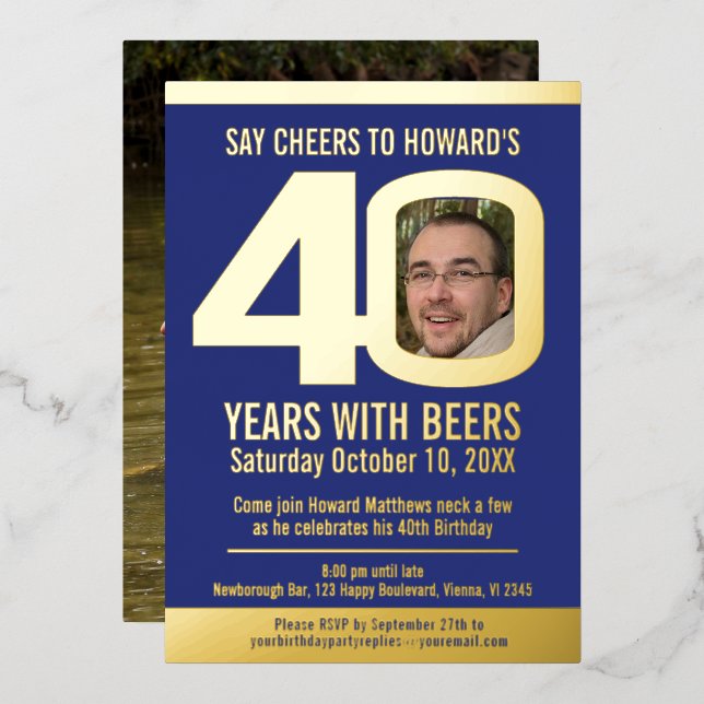 40th Birthday party dark blue gold foil photo beer Invitation (Front/Back)