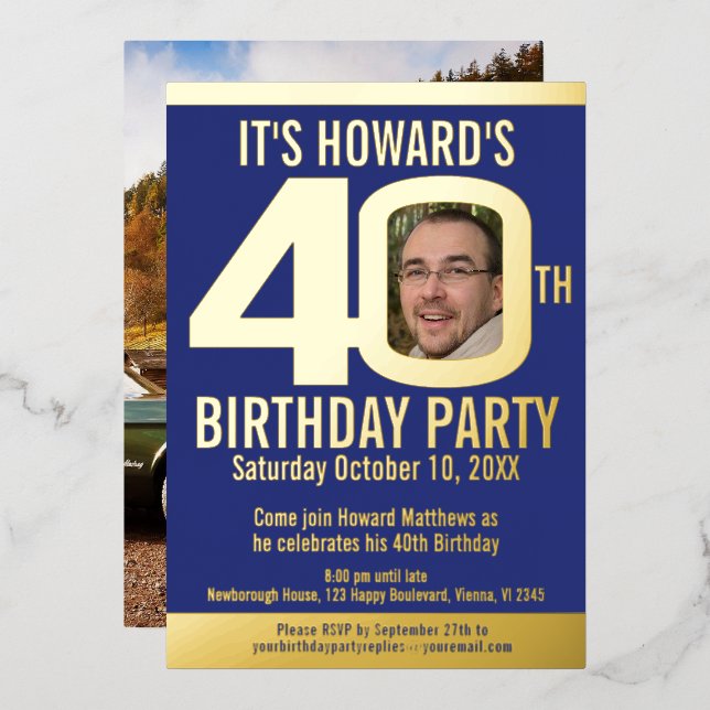 40th Birthday party dark blue gold foil photo Foil Invitation (Front/Back)