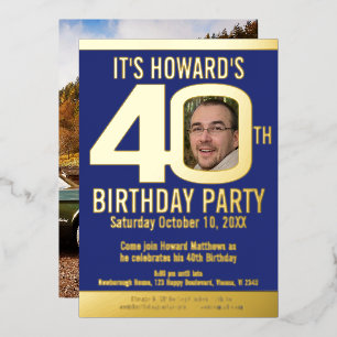 40th Birthday party dark blue gold foil photo Invitation