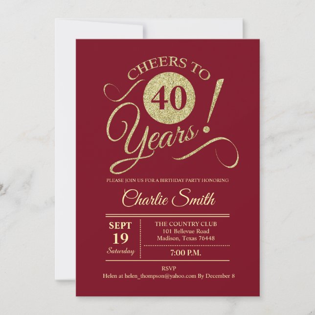 40th Birthday Party - Dark Red Gold Invitation (Front)