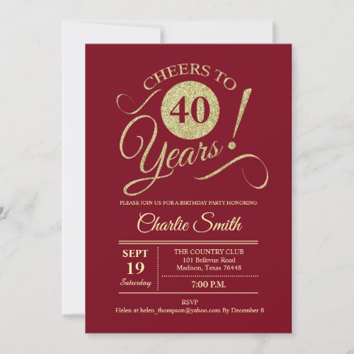 40th Birthday Party _ Dark Red Gold Invitation