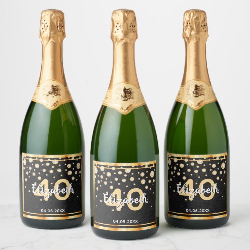 40th birthday party diamonds glitter black gold sparkling wine label