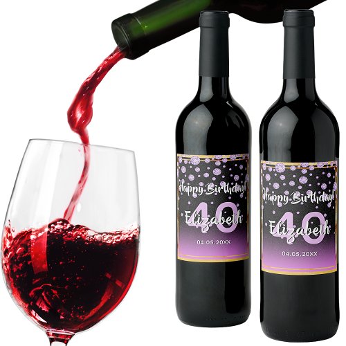 40th birthday party diamonds glitter purple black wine label