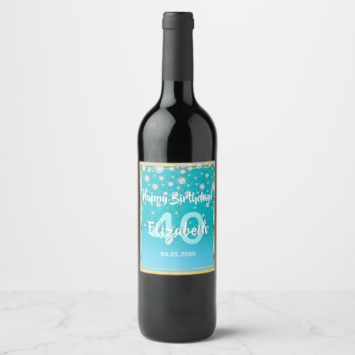 40th birthday party diamonds glitter teal blue wine label