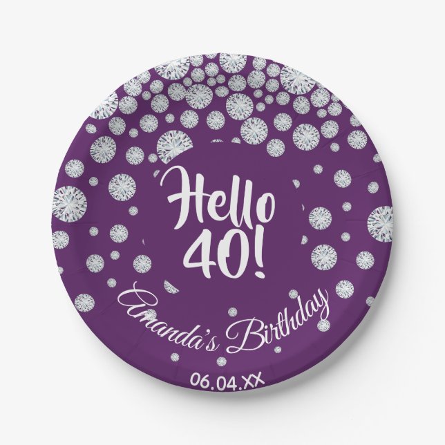 40th birthday party diamonds on purple hello 40 paper plates (Front)