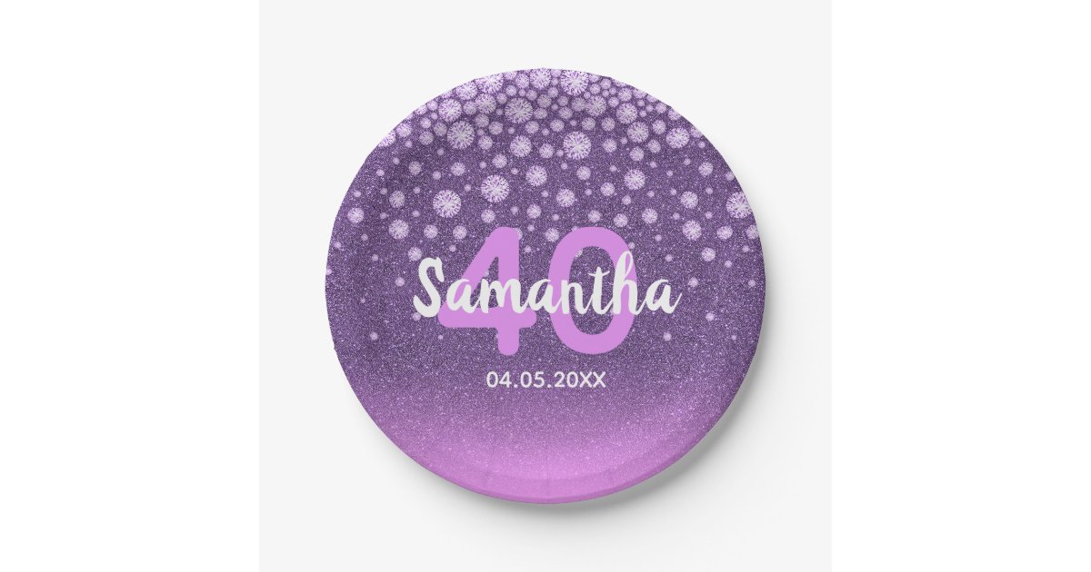 40th Birthday Party Diamonds Purple Pink Glitter Paper Plate