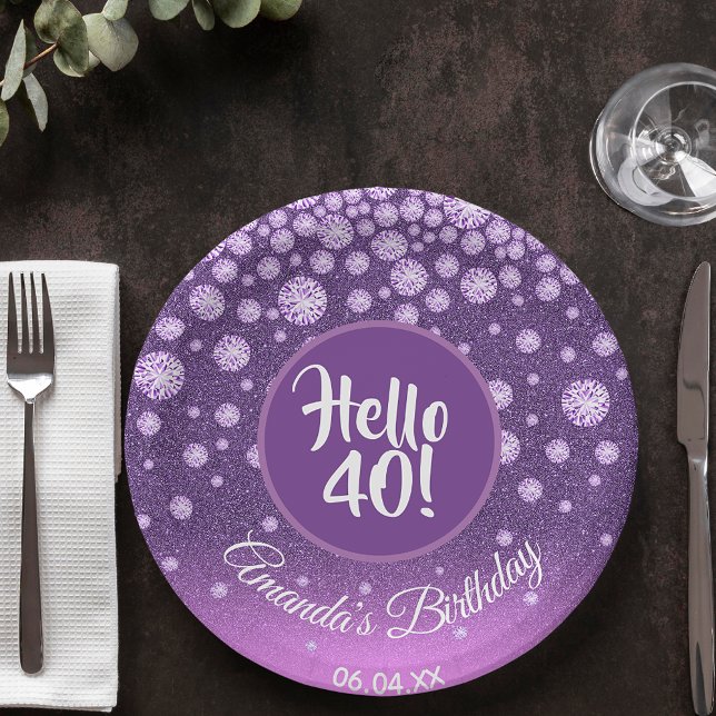 40th birthday party diamonds purple pink glitter paper plates (Creator Uploaded)