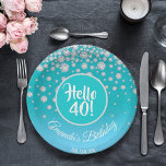 40th birthday party diamonds teal blue glitter paper plates<br><div class="desc">An elegant and glamorous paper plate for a 40th birthday party for a girl. A chic teal, green and light blue ombre faux glitter colored background. A teal colored circle with modern hand lettered style text: Hello 40! Faux diamonds as decoration. Template for a name and a date, curved text....</div>