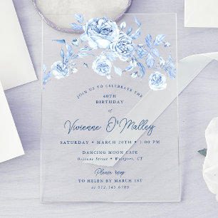 40th Birthday Party Dusty Blue Floral Acrylic Invitations
