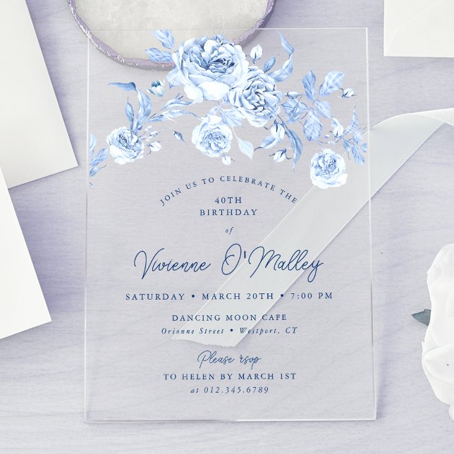 40th Birthday Party Dusty Blue Floral Acrylic Invitations (Creator Uploaded)