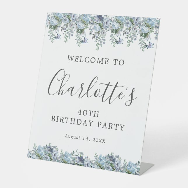 40th Birthday Party Dusty Blue Floral Welcome Pedestal Sign (Front)