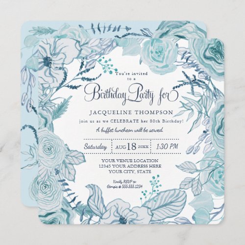 40th Birthday Party Dusty Blue Watercolor Floral Invitation