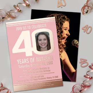 40th Birthday party dusty pink gold foil photo Invitation