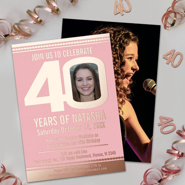 40th Birthday party dusty pink gold foil photo Invitation (Creator Uploaded)