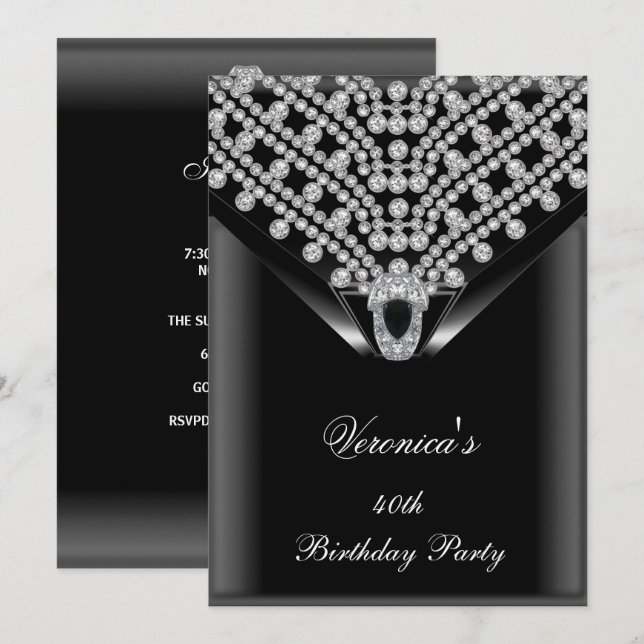 40th Birthday Party Elegant Black Diamonds 2 Invitation (Front/Back)