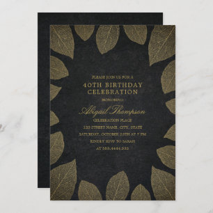 40th Birthday Party Elegant Black Gold Leaves Invitation
