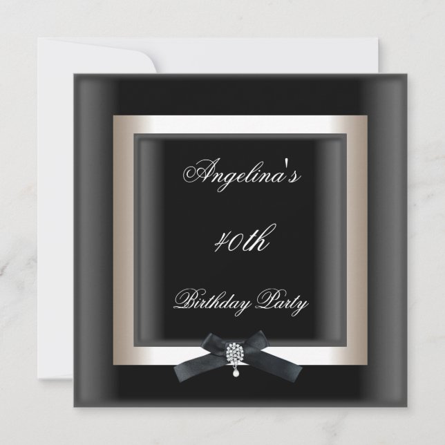 40th Birthday Party Elegant Black White Jewel Bow Invitation (Front)