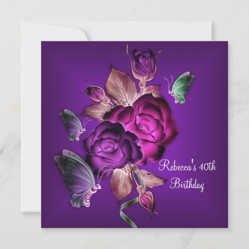 40th Birthday Party Elegant Purple Pink Roses 2 Personalized Invites