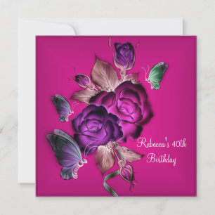 40th Birthday Party Elegant Purple Pink Roses 3 Invitation