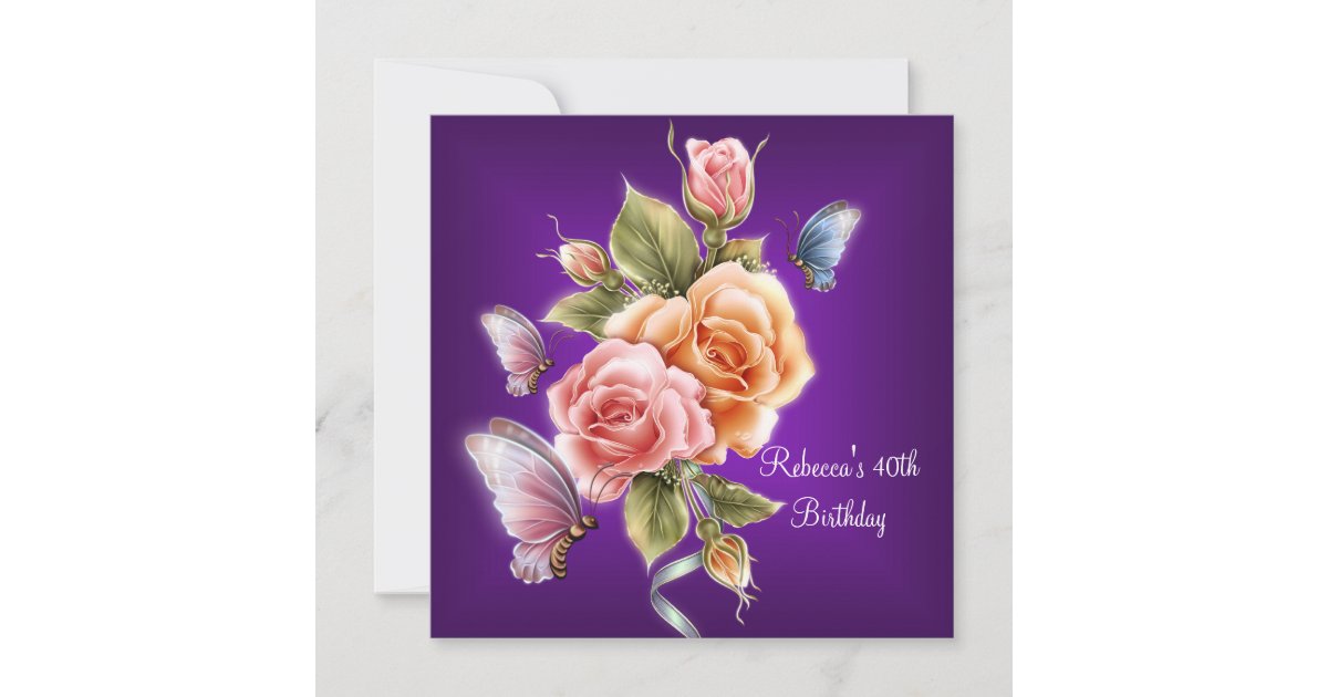 40th Birthday Party Elegant Purple Pink Roses Invitation | Zazzle