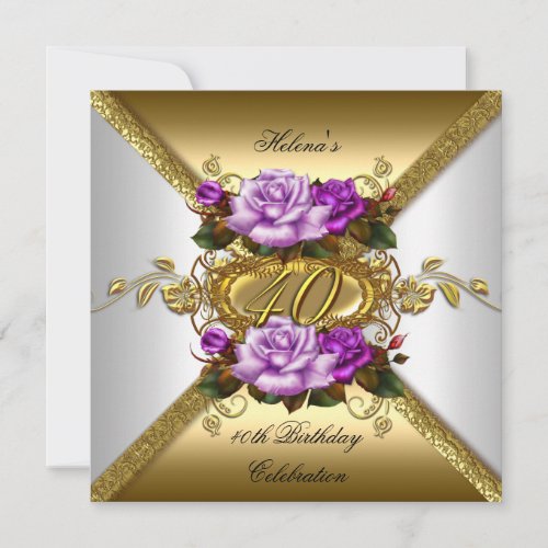 40th Birthday Party Elegant Roses Purple Gold Invitation