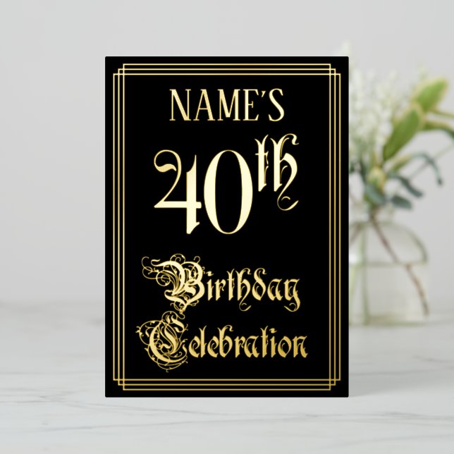 40th Birthday Party — Fancy Script & Custom Name Foil Invitation (Standing Front)