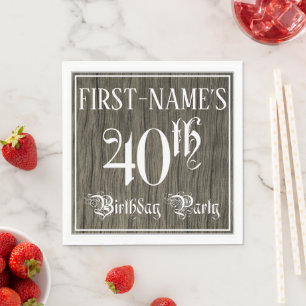 40th Birthday Party — Fancy Script, Faux Wood Look Napkins