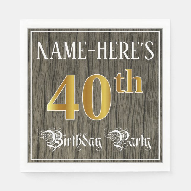 40th Birthday Party — Faux Gold & Faux Wood Looks Napkins (Front)