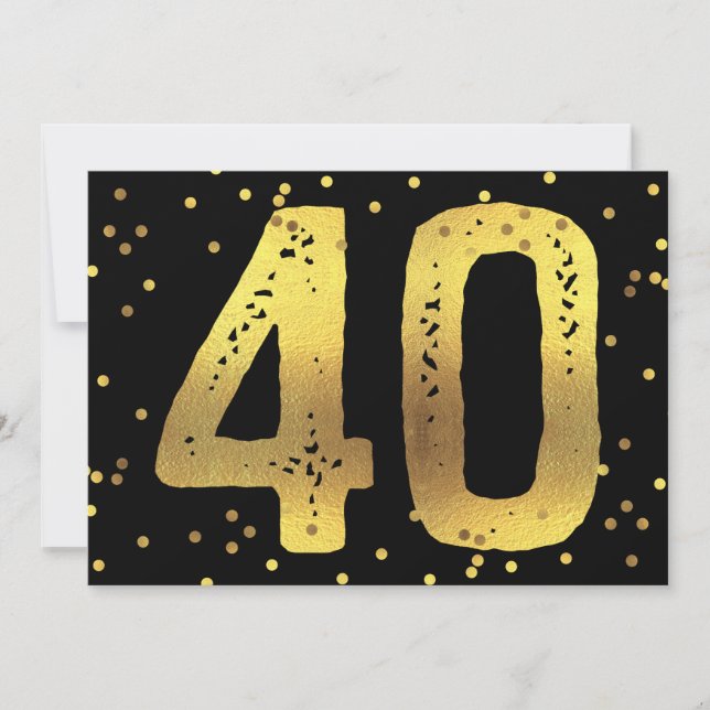 40th Birthday Party Faux Gold Foil Confetti Black Invitation (Front)