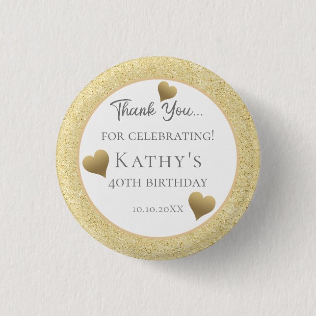 40th Birthday Party Favors Gold Hearts Button (Front)