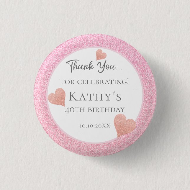 40th Birthday Party Favors Pink Hearts Button (Front)