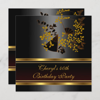 40th Birthday Party Floral Black Gold pattern Invitation