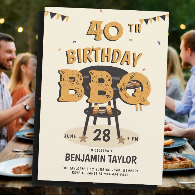 40th Birthday Party for Men Backyard BBQ Rustic Invitation (40th birthday party ideas for men backyard bbq summer outside black yellow orange husband boyfriend )
